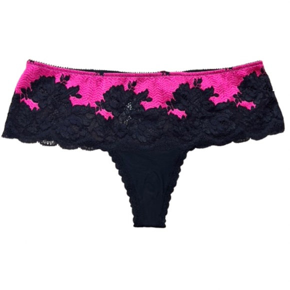 Victoria's Secret Other - NEW Victoria's Secret Panty Tanga Panties Black Lace Hot Pink Thong Crystal Bow